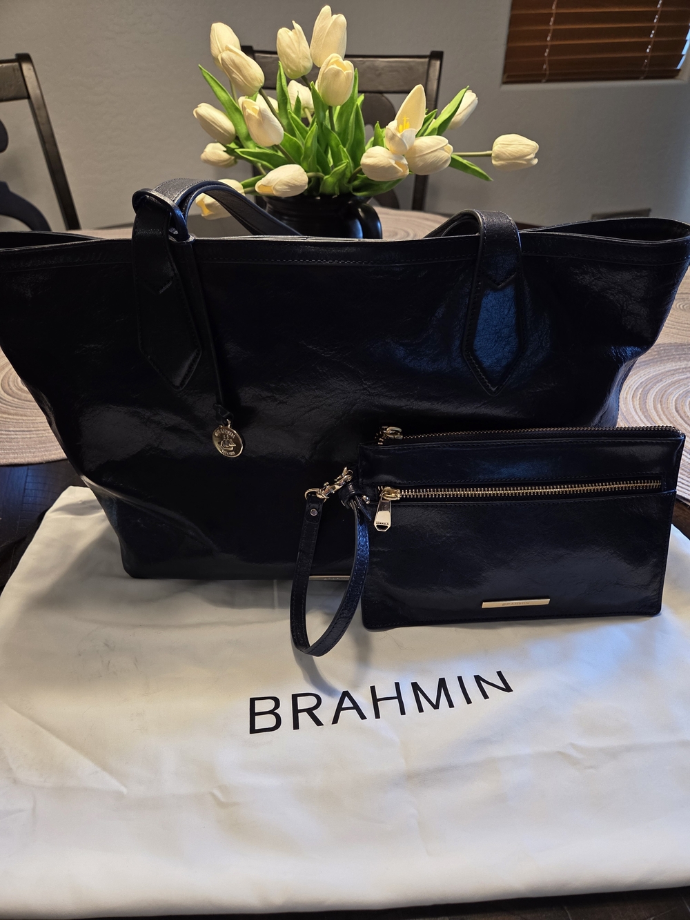 Brahmin Navy Blue Leather Tote with Wristlet - Sleek Gorgeous Designer Bag